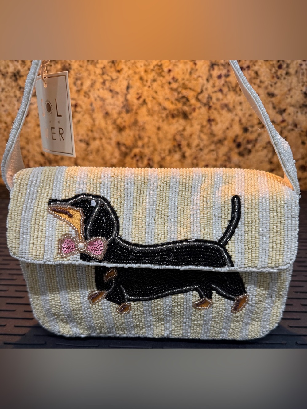 NWT Viral Sol & Mer Beaded Dachshund Dog Novelty Shoulder Bag Striped